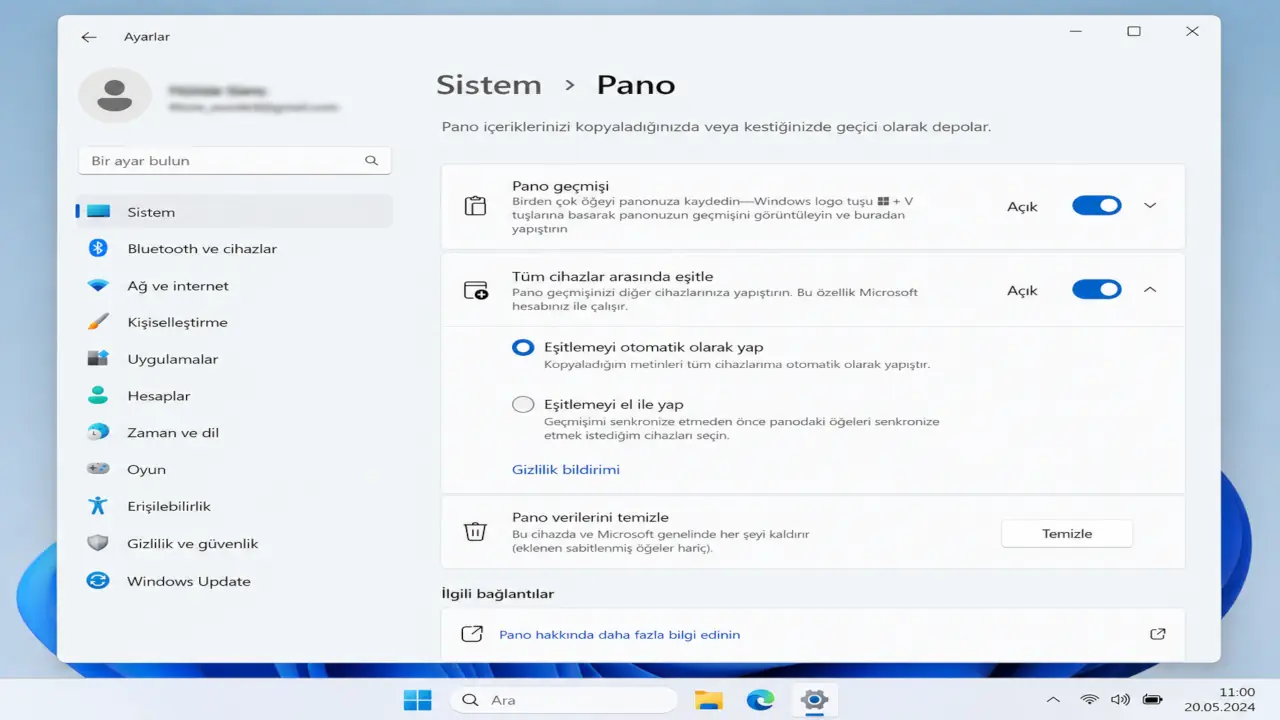 Windows 11 Ayarlar menüsünden pano geçmişini ve cihazlar arası eşitlemeyi etkinleştirme ekranı