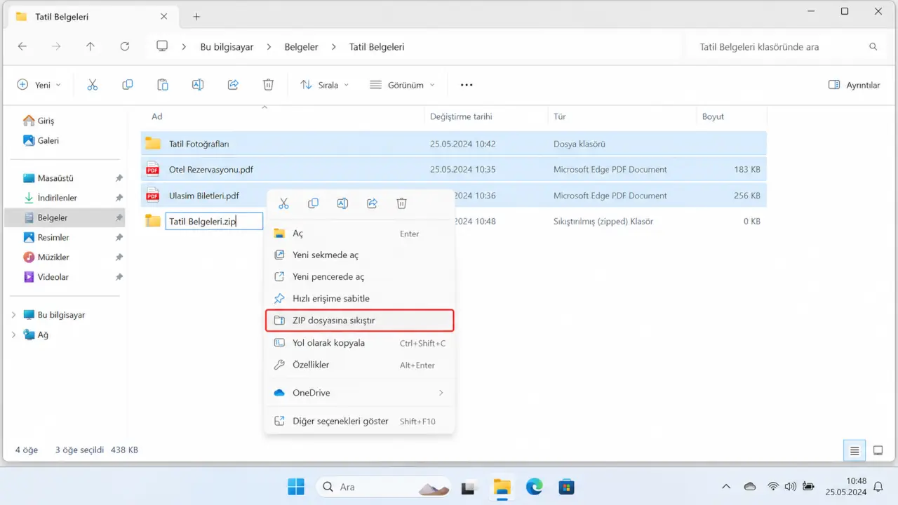 Windows 11 Dosya Gezgini ile ZIP Dosyası Oluşturma