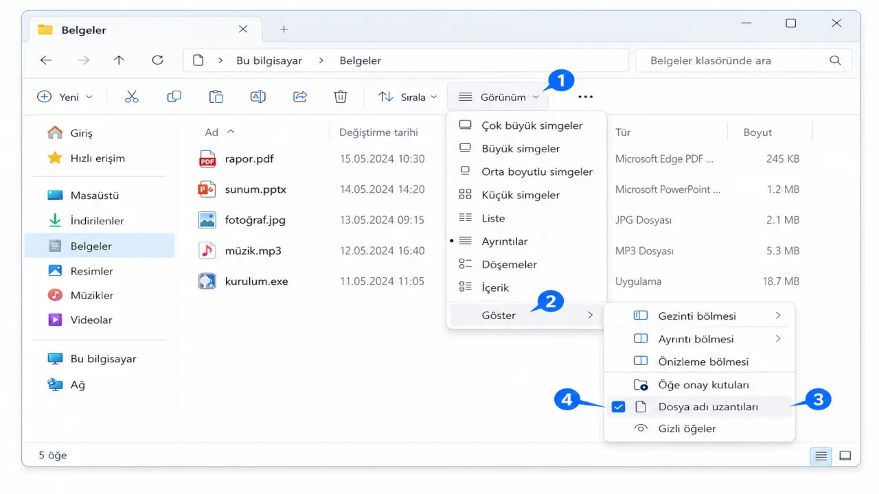 Windows 11'de Dosya Uzantılarını Gösterme