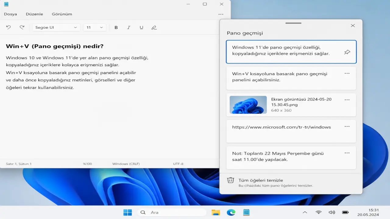 Win+V kısayolu ile açılan Windows pano geçmişi panelinde kopyalanan metinler, görseller ve sabitlenmiş öğeler